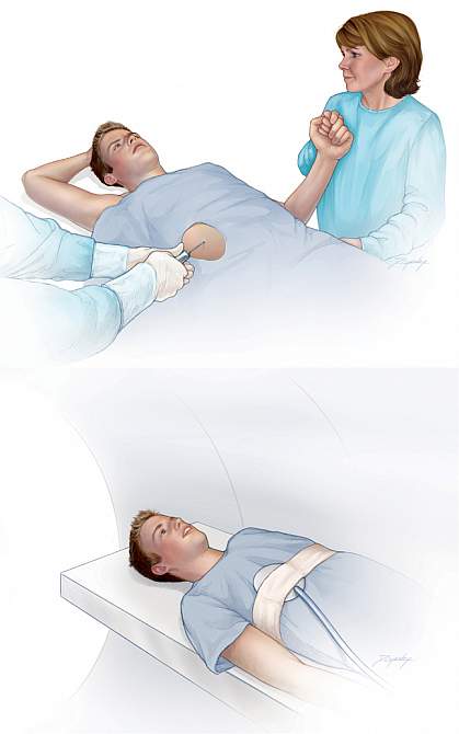 Illustrations of a patient undergoing a liver examination Illustrations of a patient undergoing a liver examination.