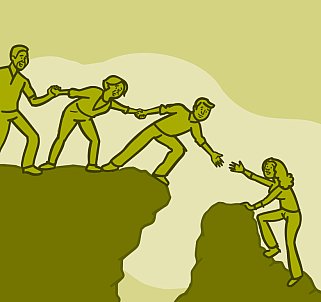 Illustration of a group of people helping a person over a crevice on a mountain Illustration of a group of people helping a person over a crevice on a mountain