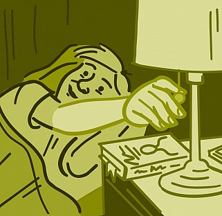 Illustration of man shutting off light and getting in bed Illustration of man shutting off light and getting in bed
