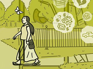 Illustration of a woman focusing on a butterfly as her worries float away Illustration of a woman focusing on a butterfly as her worries float away