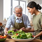 A young woman and older man preparing a salad.