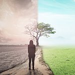 Woman standing on a road between a bleak, desolate area and a lush, green area.