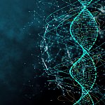 Illustration of DNA molecule with connecting networks and swirls all around it.